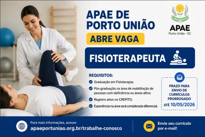 APAE de Porto União abre vaga para fisioterapeuta